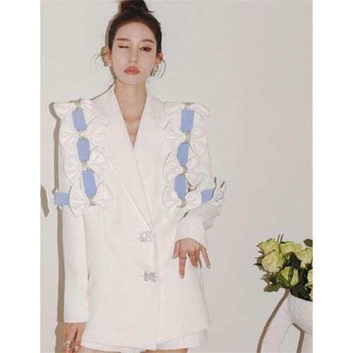 Women Blazer Coat Spring Autumn Diamonds Bow Turn-down Collar Full Korean Sweet All-match Women Coat Fall Clothing Designer