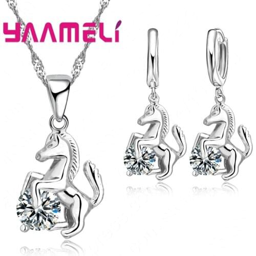 Animal Horse Pendants Necklace Drop Earrings Set For Party Gift Women 925 Sterling Silver Crystal Jewelry Sets Accessory