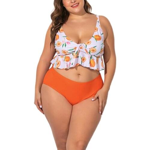 2021 Summer Women Two-piece Bathing Suit Peach Print Irregular/ Ruffle Top with Chest Pad High Waist Solid Color Thong Sets