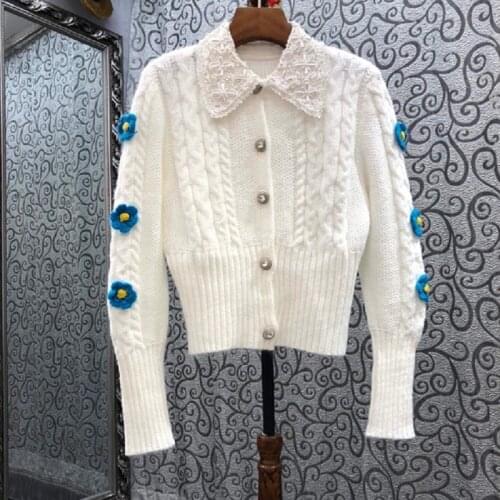 2021 Autumn Winter Fashion Wool Cardigans High Quality Women Beading Turn-down Collar Appliques Flowers Casual White Cardigans