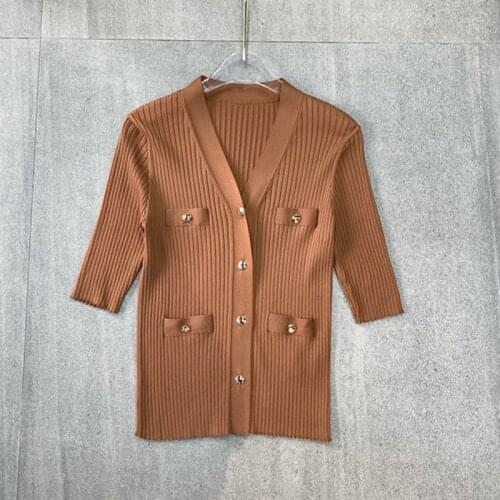 Women Sweater Five-point Sleeve V-Neck Knit Sweater 2021 Simple Thread Four Pocket Knit Cardigan Womens Top