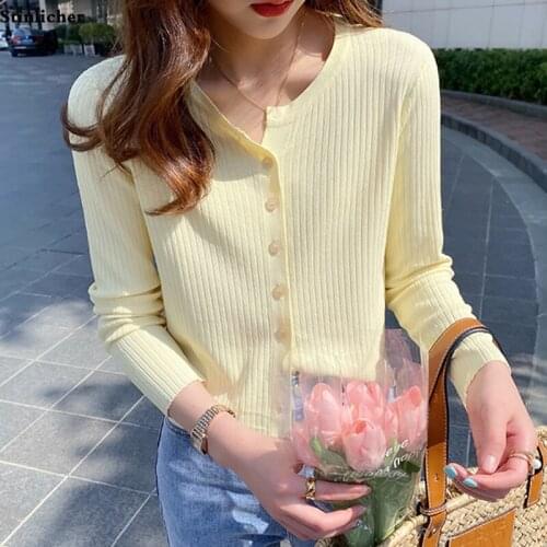 Spring Autumn Women Sweater Cardigan Fashion Long Sleeve Single-breasted Elastic Ice Silk Knitted Sweater Ladies Casual Tops