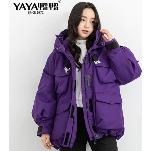 YAYA Winter Womens High Quality Down Jacket Thicken Warm Hooded Duck Liner Wide-waisted Big Pocket Purple White Black Coat