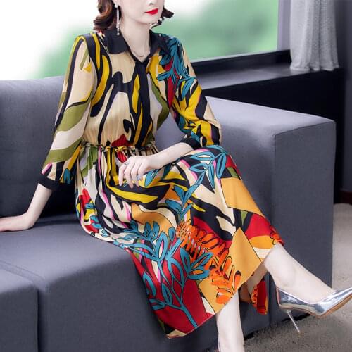 Vintage Print Shirt Dress 2021 Spring Summer Fall Fashion Slim Plus Size Elegant Retro Female Robe 3/4 Sleeve Women Clothes M124