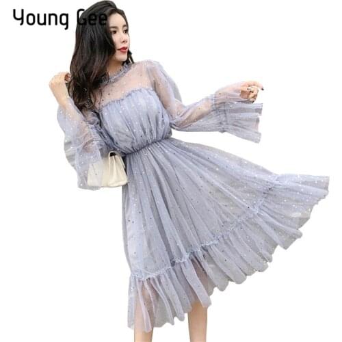 Young Gee Fashion Women See-through Sequined Dresses vestidos verano Romantic Flare Sleeve Sexy Mesh Sweet Loose Ruffles Dress