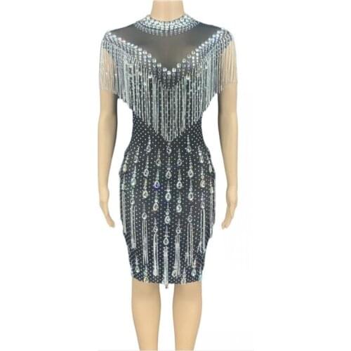Women Sexy Sparkly Silver Rhinestone Black Fringe Transparent Short Dress Evening Birthday Celebrate Prom Bar Dancer Mesh Dress