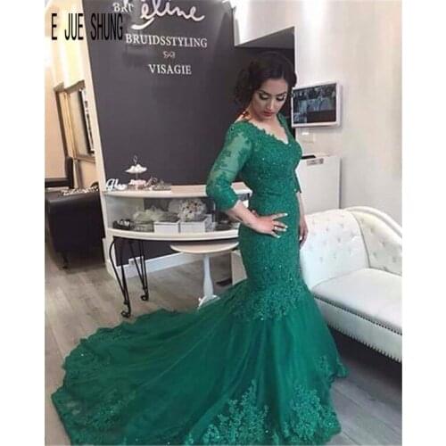 E JUE SHUNG Gorgeous Green Mermaid Wedding Dresses V Neck Long Sleeves Lace Up Back Beaded Bridal Gowns Vestido De Novia