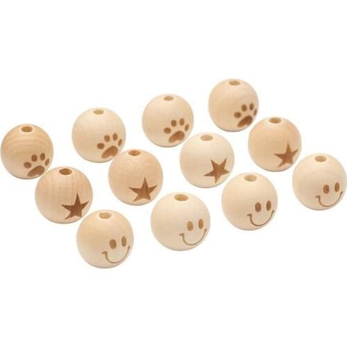 10pcs 20mm Natural Color Laser Engraving Wooden Beads Smiley Face Crown Star Footprint for DIY Bracelet Jewelry Necklace Making