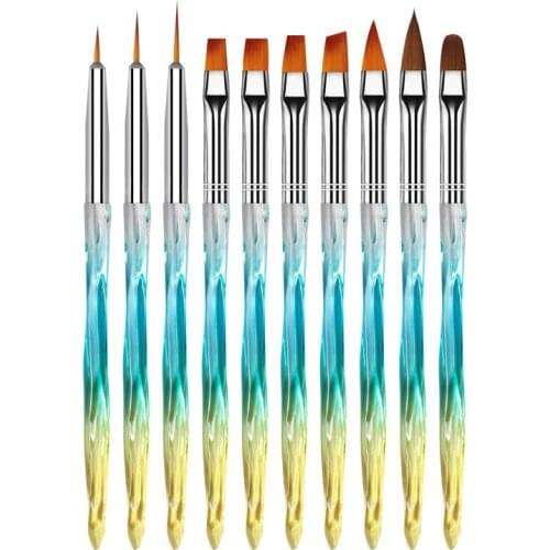 10Pcs Nai Artl Brush Set Gradient Crystal Handle Painting Pen Manicure Tools For Drawing Line Grid Acrylic Liner DIY UV Gel