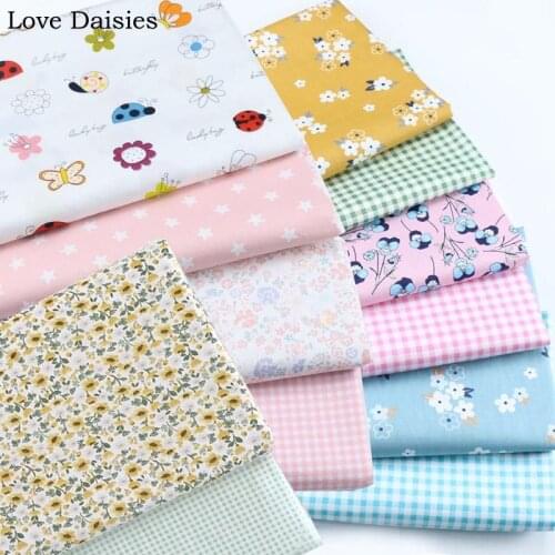 100% Cotton Twill YELLOW BLUE PINK Small FLoral White Flower Cartoon Insect Check Fabric For Bedding Sheet Pillow Dress Textile