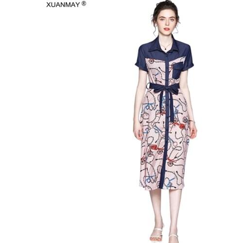 2021Summer Denim Dress Long style Elegant Chiffon Print pattern Dress Office Shirt-style Denim dress job seekers Dress Female