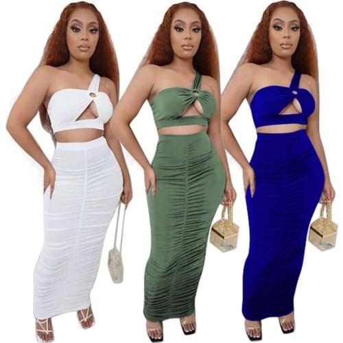 2021 Sexy Solid Tracksuit Woman 2 Piece Outfit Suits One Shoulder Bandage Crop Top Ruched Drawstring Long Skirts Matching Sets