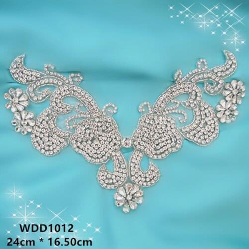 30PCS) Wholesale silver crystal rhinestone neckline applique iron on for dress WDD1012