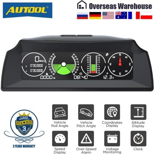 AUTOOL X90 GPS/OBD2 Speed PMH KMH Slope Meter Inclinometer Car Compass HUD Pitch Tilt Angle Protractor Clock Latitude Longitude