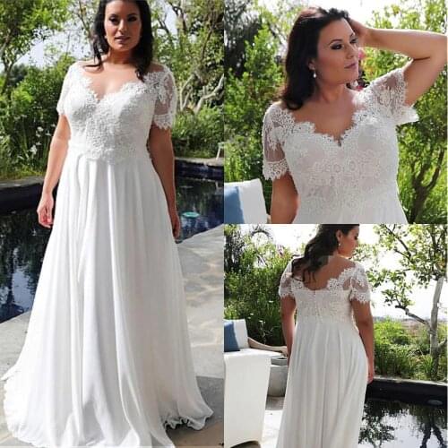 Brilliant Tulle & Chiffon V-Neck A-line Plus Size Wedding Dresses With Beaded Lace Appliques Floor Length Bridal Gowns