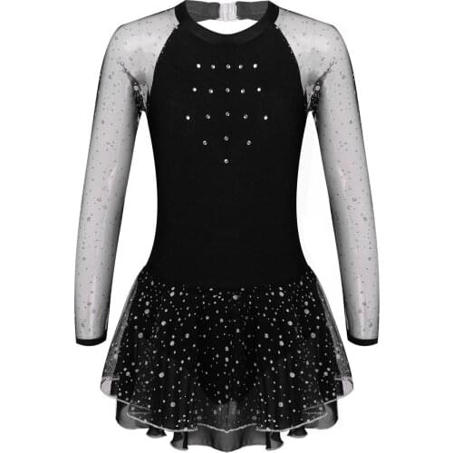 Kid Girl Ballet Dress Rhinestone Glittering Mesh Long Sleeve Open Back Layered Ruffle Hem Skirt Built-in Briefs Skating Jumpsuit