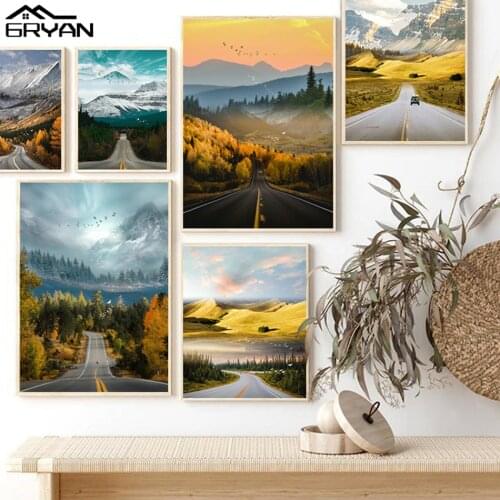 Nordic Travel Landscape Road Trees Nature Mountain Canvas Print Painting Autumn Winter Wall Art Poster Sunset Decoration Picture