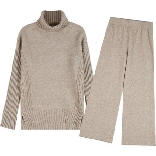 2020 Autumn and Winter New Korean Style High Collar Split Sweater Loose Wide-Leg Pants Two-Piece Set