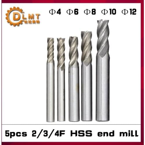 5pcs HSS End mill cutter 4mm 6mm 8mm 10mm 12mm Straight Shank 2 Flute 3 Flute 4 Flute Mill Metal Cutter CNC Tools