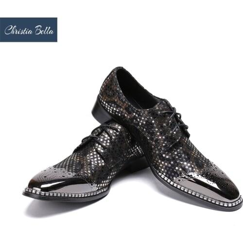 Christia Bella Luxury Mens Business Leisure Leather Shoes Fashion Designer Bling Lace-up Shoes Man Metal Toe Charm Boat Shoes