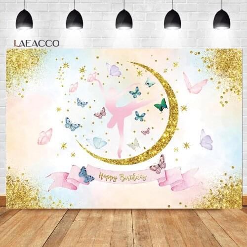 Laeacco Watercolor Flower Butterfly Gold Sequins Gradient Background Princess Birthday Customized Portrait Photography Backdrops