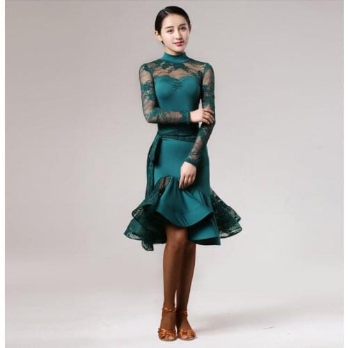 Fashion Green women Latin dress costumes Competition Tango dress Stage Lace