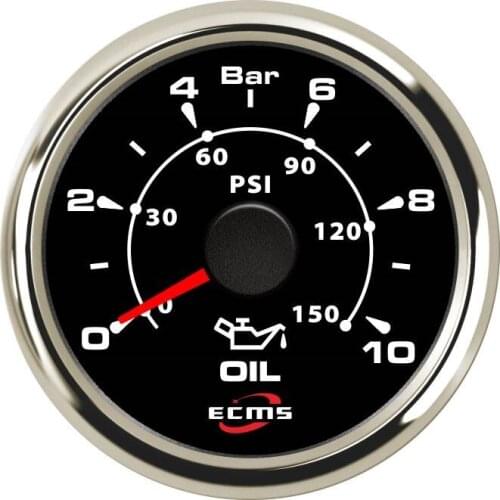 Marine Boat Yacht Automotive Pressure Gauge 0-10 Bar 9-32V 10-184 OHMS 52mm 2 Inch 316L Chrome Bezel Black Dial 802-00034