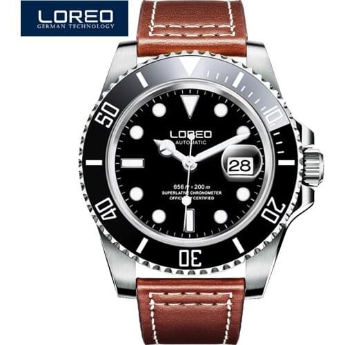 LOREO Sapphire Automatic Mechanical Watch Men silver Stainless steel waterproof leather Watch relogio feminine