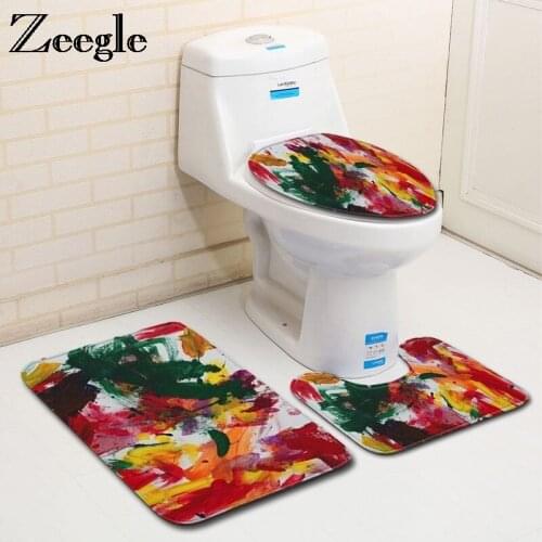 Zeegle Abstract Painting Mat Bathroom Anti Slip Toilet Rug Set Set Flannel Bathroom Carpet Washable Shower Mat Bath Rugs