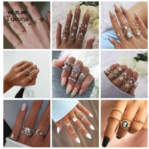 Tocona 20 Style Bohemia Fashion God Color Rings Sets Leaf Cross Moon Crown Star Hollow Geometric Clear Crystal Women Men Jewelry