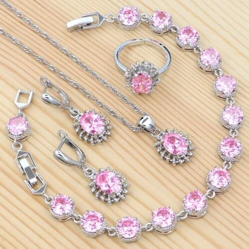 Pink Cubic Zirconia Oval Jewelry 925 Sterling Silver Ring Earrings Pendant Chain Bracelet Set for Bride Engagement Gift