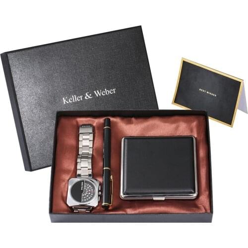 2020 New Quartz Watch Gift Sets for Men Black Cigarette Case Top Luxury GD Pen Male Box Greeting Card Gift Set Relogio Masculino