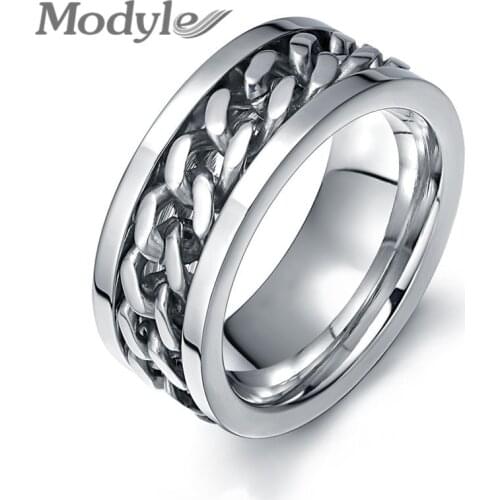 Modyle 2021 New Silver Color Stainless Steel Rotatable Chain Rings Punk Vintage Wedding Ring for Men Fashion Jewelry