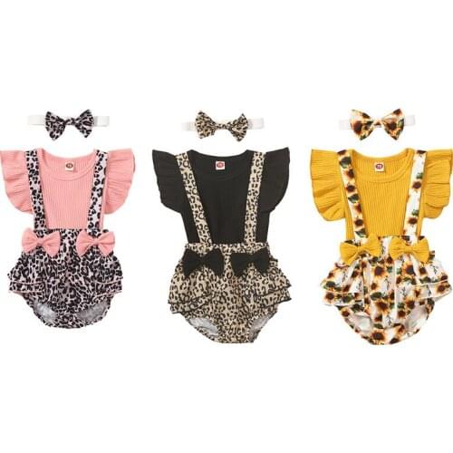 Baby Girl’s Clothes Casual Romper Fresh Solid Color Fly Sleeve T-shirt Print Suspender Shorts With Headband Childrens Clothing