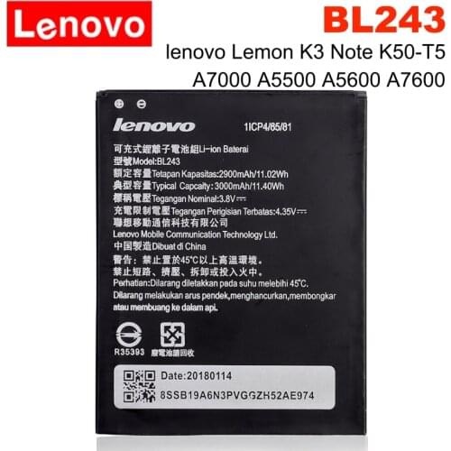 2020 New BL 243 BL243 Battery For Lenovo Lemon K3 Note K50-T5 A7000 A5500 A5600 A7600 2900mAh Mobile Phone Backup Bateria