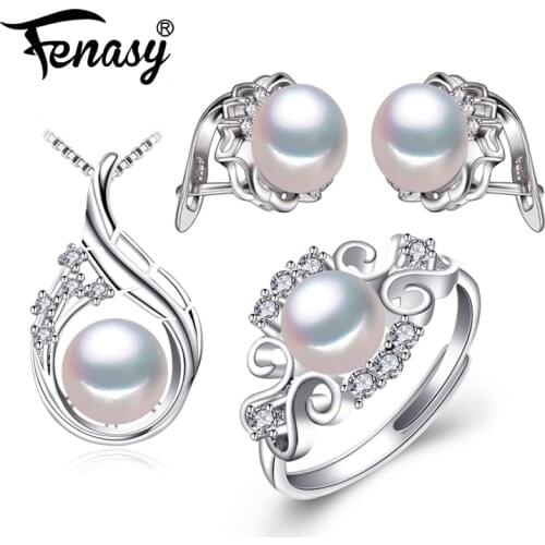 FENASY 925 Sterling Silver earrings with stones,natural Pearl jewelry sets for women,bohemian set stud earrings party rings