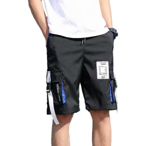 Mens Cargo Shorts Streetwear Casual Hip Hop Loose Short Pants Summer Knee Length Shorts Male Funny Harajuku ribbon Shorts Homme