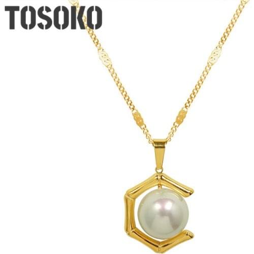 TOSOKO Stainless Steel Jewelry C-Type Bamboo Pearl Pendant Necklace Elegant Female Clavicle chain BSP1040