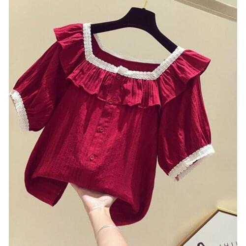 Slash Neck Ruffles Women Blouse 2021 Summer New Solid Short-Sleeved Loose All Match Lady Elegant Pulls Outwear Tops