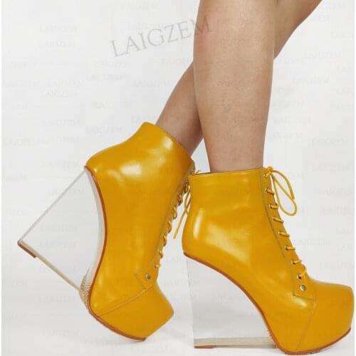 LAIGZEM Women Ankle Boots Genuine LEATHER Platform Clear 12CM Wedges Lace Up High Heels Booties Ladies Shoes Woman Size 33 40 41