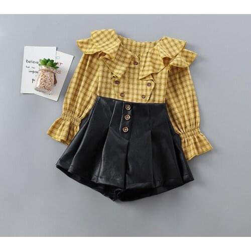 1-7 years high quality girl clothing set 2020 new spring autumn fashion plaid shirt + leather pant kid children girls clothing