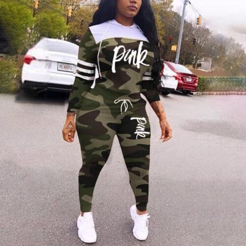 New Pink Letter Print Sportwear Casual Two Piece Tracksuit Women Camouflage Hoodies + Skinny Pants Suit Streetwear 2pcs Outfits