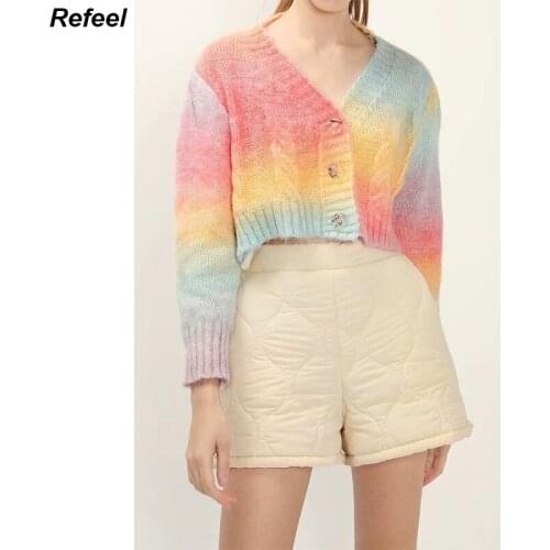 Ladies spring and autumn fashion rainbow blooming knitted cardigan sweater retro chic V-neck long-sleeved short top