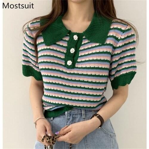 Summer Striped Knitted Sweater Knitwear Women Short Sleeve Turn-down Collar Buttons Pullover Tops Korean Vintage Fashion Jumpers