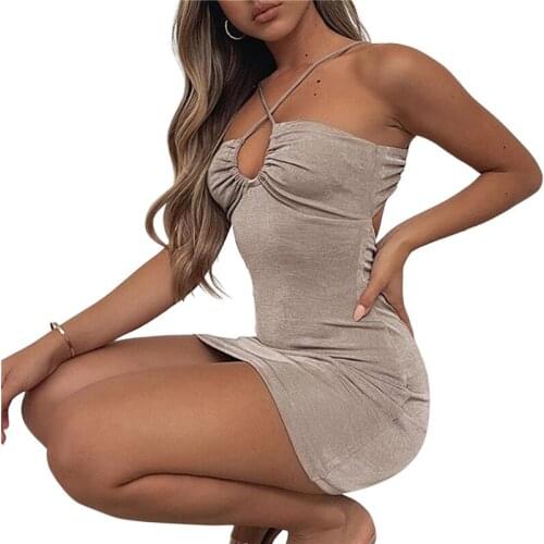 Women Sexy Close-fitting Hollow Out Halter Cross Sleeveless Dress Solid Color Halter Neck Backless Short Dress S/ M/ L