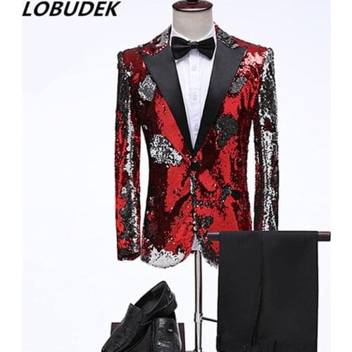 2020 Luxury Mens Red Gold Black Shiny Sequins Suit Stage Costume Singer Host Men Suits Formal Blazer Wedding Dress 2-Pieces Set