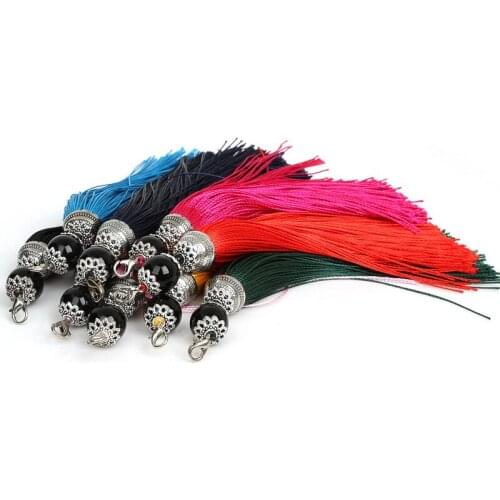 6Pcs Mix Color 15x140mm Silk Tassel Acrylic Beads Cap Charm For Bags Moblie Making Mob Straps Keychain Decorative Accessories