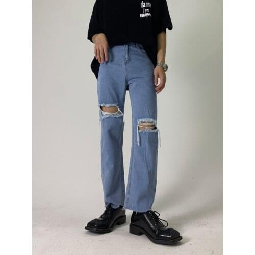 EukaaRu Light Blue Ripped Jeans Men Women Fashion Straigth Pants Loose Versatile Wid Leg Denim Baggy Jeans Distressed Trousers