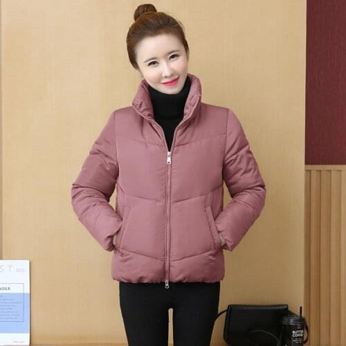 Short Stand Collar Womens bomber jacket Solid Zipper Autumn Winter Womens Windbreakers Coat Ladies Pakas Outwear