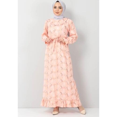 Desenli Fırfırlı Elbise TSD2817 Somon